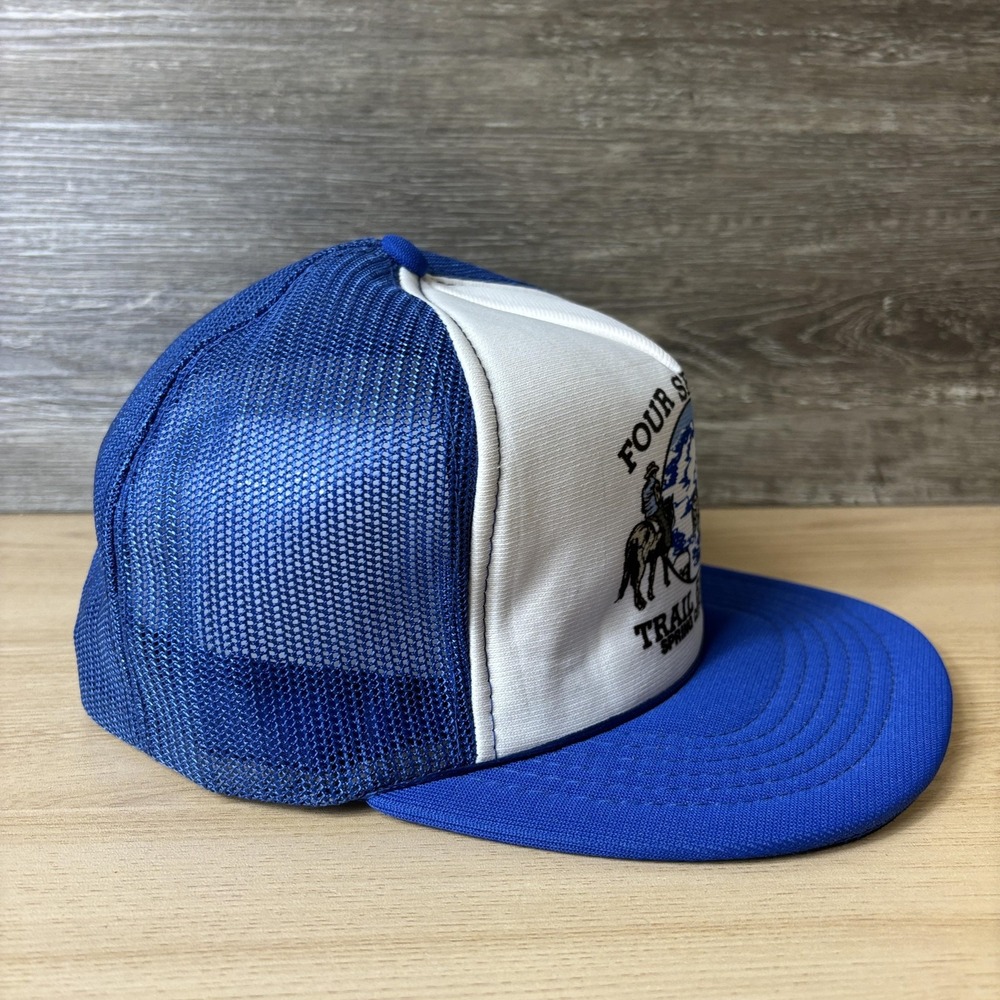 VINTAGE Four Seasons Trail Riders Hat Snap Back Trucker Blue Spring City Utah - Picture 6 of 9